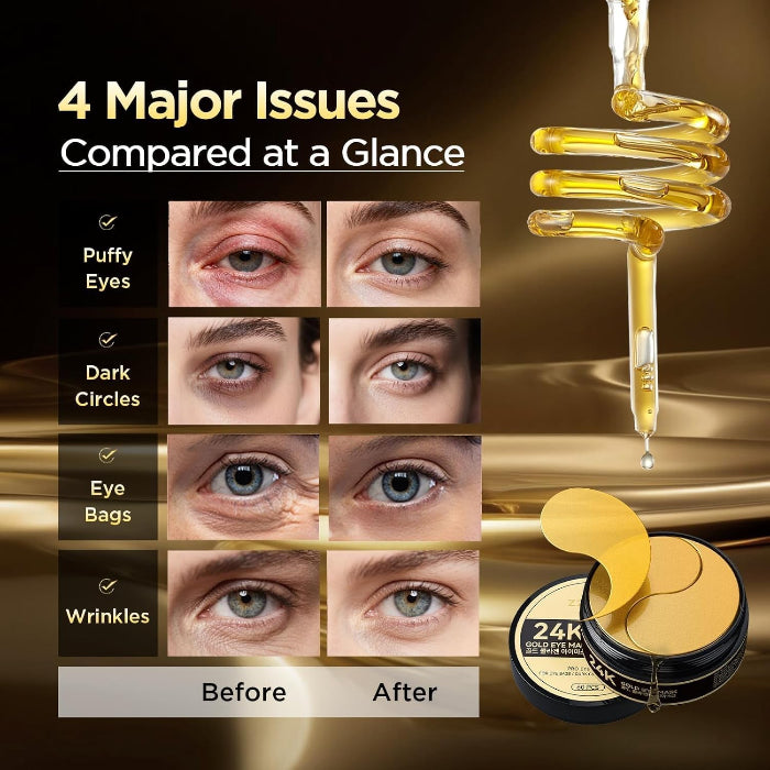 24K Gold under Eye Patches, Hydrogel Eye Mask for under Eye Care, Hydrating & Smoothing Eye Pads for Daily Skincare, 60 Pcs