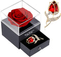 Preserved Red Rose Gift Box- Enchanted Real Roses with Ruby Brooch, Eternal Rose Flower in Jewelry Box, Handmade Rose,Forever Red Rose Gift for Her on Christmas Mother'S Day, Anniversary.