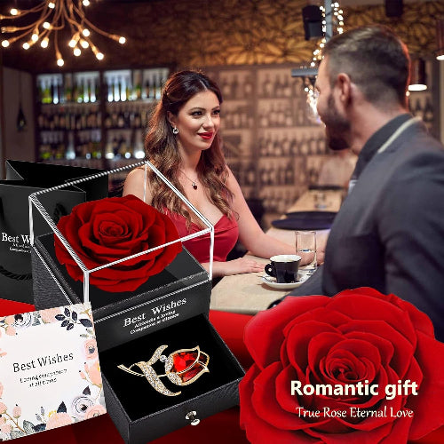 Preserved Red Rose Gift Box- Enchanted Real Roses with Ruby Brooch, Eternal Rose Flower in Jewelry Box, Handmade Rose,Forever Red Rose Gift for Her on Christmas Mother'S Day, Anniversary.