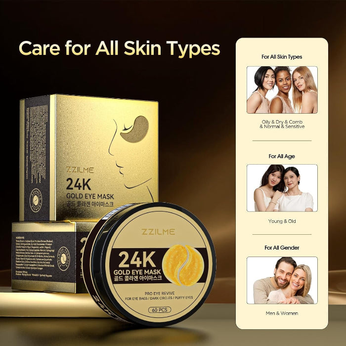 24K Gold under Eye Patches, Hydrogel Eye Mask for under Eye Care, Hydrating & Smoothing Eye Pads for Daily Skincare, 60 Pcs